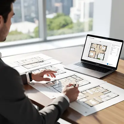 Real estate buyer reviewing apartment floor plans on a desk with laptop, modern office setting, natural light, professional atmosphere, high resolution, realistic photography

