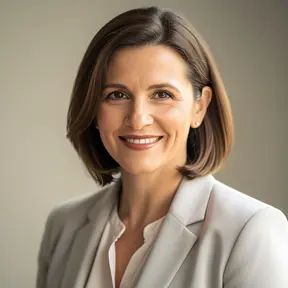 Professional headshot of a French woman in her early 40s, elegant business casual style, soft natural light, neutral background, warm and reassuring smile, realistic photography, high resolution
