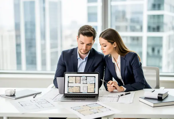 Two real estate professionals discussing property plans at a modern office desk, laptop displaying apartment floor plan, documents on table, bright city view background, realistic photography, high resolution
