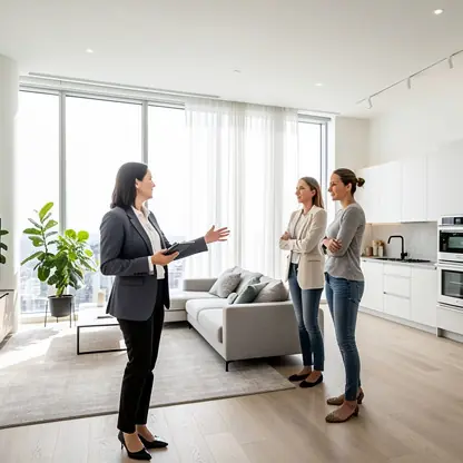 Real estate agent presenting a property to clients during a visit, modern apartment interior, bright natural light, professional and realistic photography, high resolution
