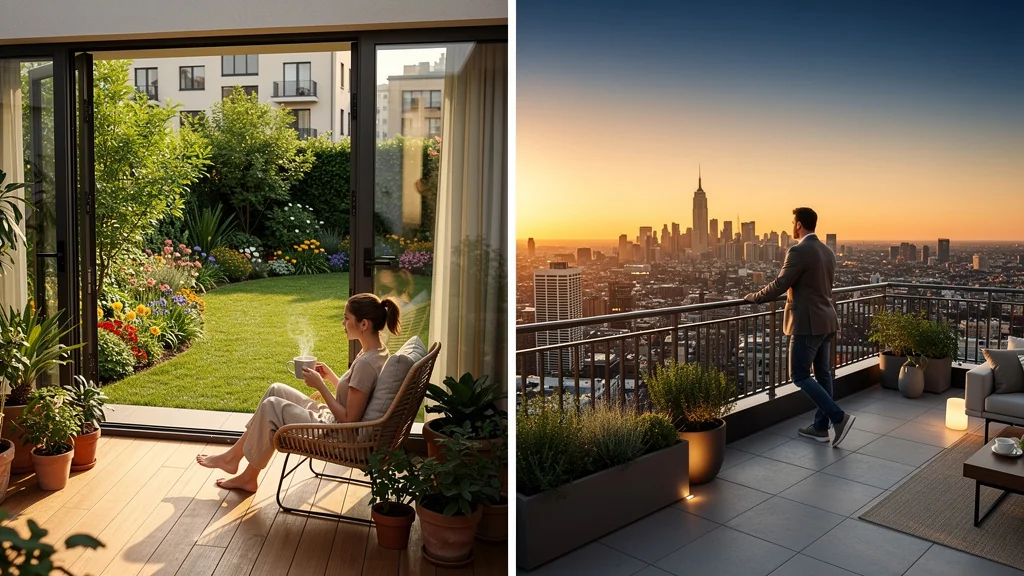 Comparaison réaliste entre appartement rez-de-jardin et dernier étage avec terrasse en milieu urbain