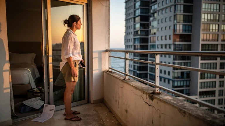 Vue mer partielle décevante sur balcon d’hôtel, illustrant le regret d’avoir cru à une annonce trompeuse