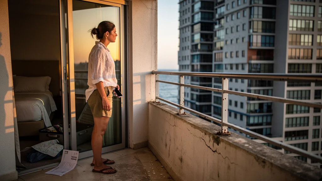 Vue mer partielle décevante sur balcon d’hôtel, illustrant le regret d’avoir cru à une annonce trompeuse