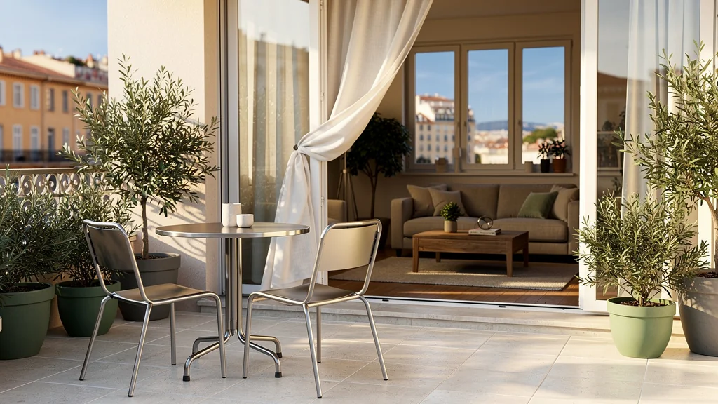 Terrasse d’un deux-pièces niçois en première photo, salon visible à l’intérieur, image de vente immobilière