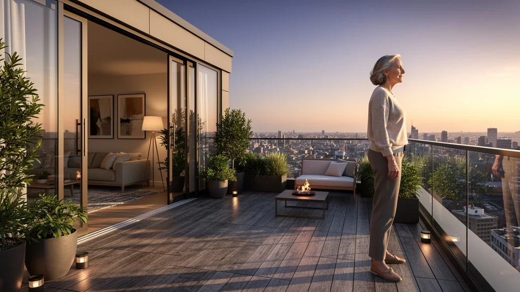 Terrasse urbaine moderne non comptée dans la surface habitable, ambiance réaliste et émotionnelle