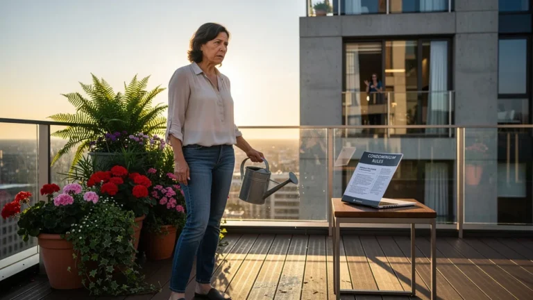 Terrasse urbaine moderne avec femme regrettant de ne pas avoir vérifié le règlement de copro avant d’arroser ses plantes