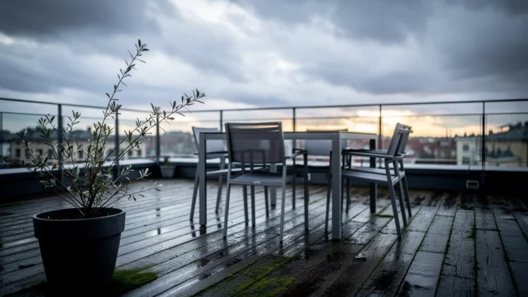 Terrasse orientée nord en lumière diffuse montrant l'ombre et l'humidité, symbolisant une erreur d'estimation de sa valeur
