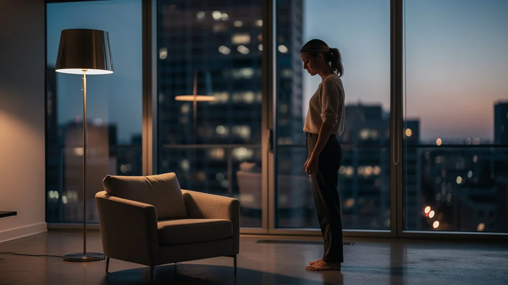 Moment intense d'une femme refusant un appartement magnifique sans extérieur au crépuscule urbain