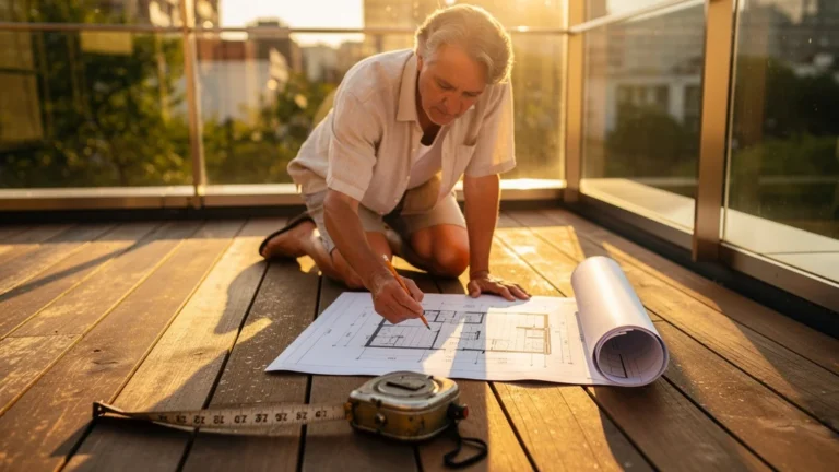 Terrasse moderne mesurée avec méthode, révélant une surface utilisable plus petite que prévue au soleil couchant