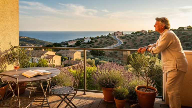 Terrasse d'appartement dans le Sud-Est avec vue panoramique et ambiance méditerranéenne en lumière dorée