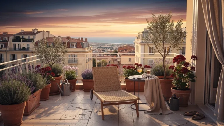 Terrasse ouest à Nice Cimiez au coucher du soleil, après deux étés de vie, ambiance méditerranéenne
