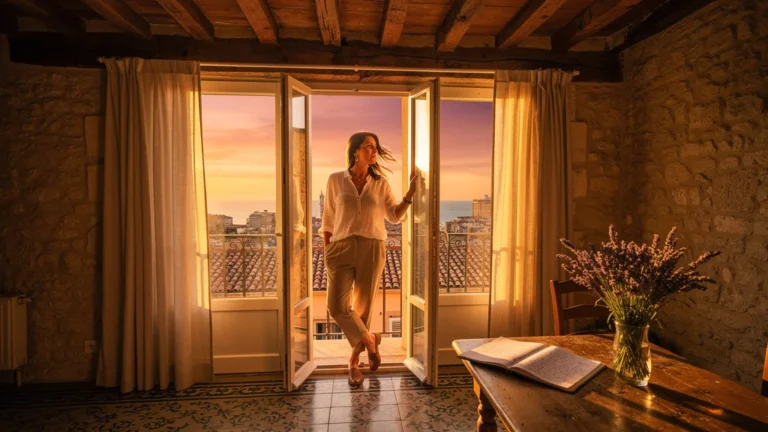 Femme niçoise visitant un appartement en fin de journée avec vue sur Nice et la mer Méditerranée