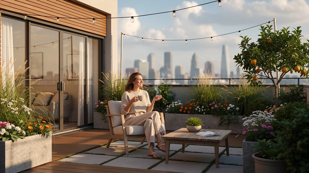 Petit appartement moderne avec grand extérieur verdoyant ensoleillé, ambiance calme et nature urbaine