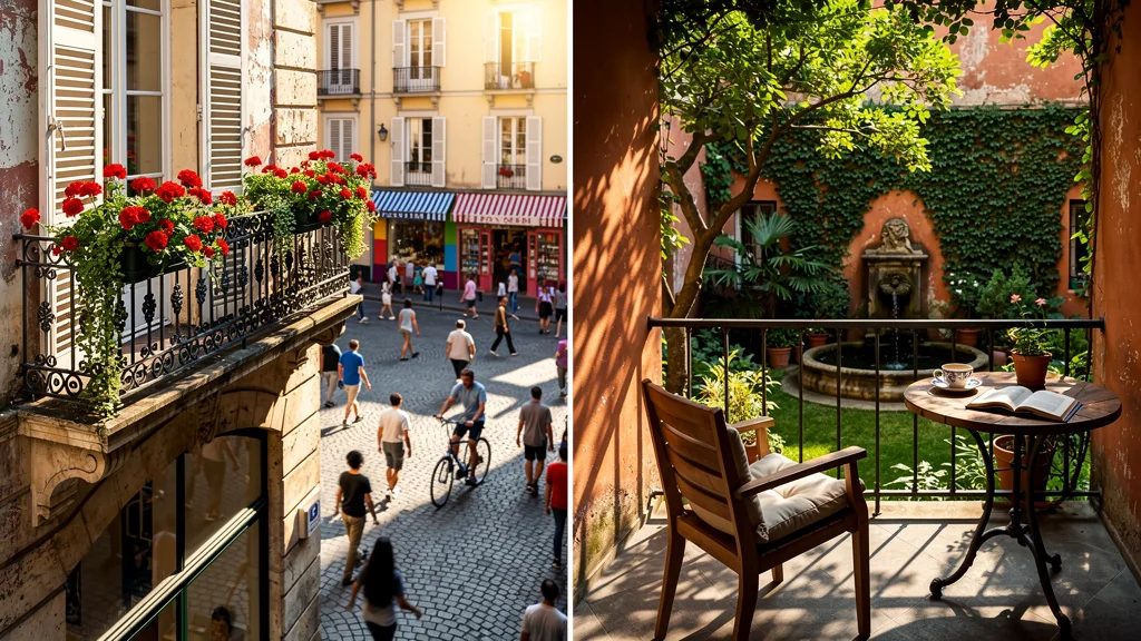 Contraste photoréaliste entre balcon sur rue animé et balcon calme côté cour en ville européenne