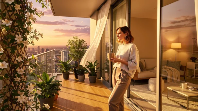 Balcon bien exposé ensoleillé avec vue urbaine, évoquant l'espace équivalent à trois pièces supplémentaires