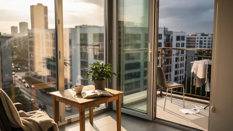 Vue réaliste d'une loggia fermée valorisée face à un balcon ouvert moins accueillant en milieu urbain