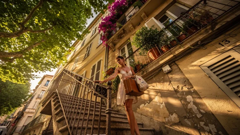 Femme fatiguée montant un escalier extérieur au cinquième étage d'un immeuble à Nice sans ascenseur