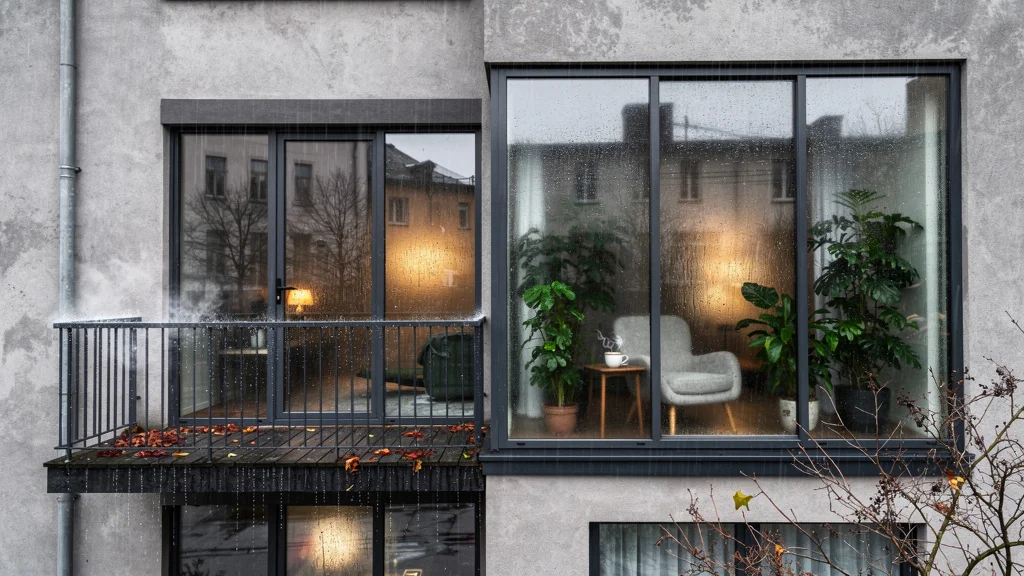 Comparaison photo hyperréaliste appartement avec balcon filant et loggia fermée en automne-hiver humide