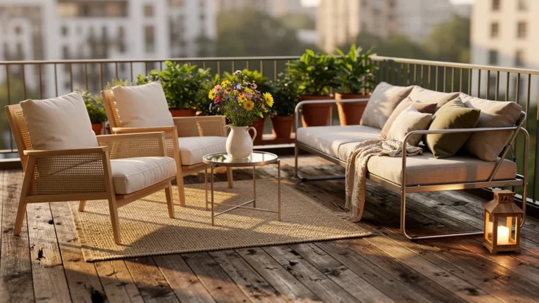 Test de home staging extérieur sur un balcon de 6 m² avant revente, ambiance chaleureuse et élégante