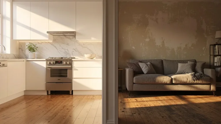 Intérieur d'appartement contrastant cuisine neuve et séjour à rafraîchir pour revente