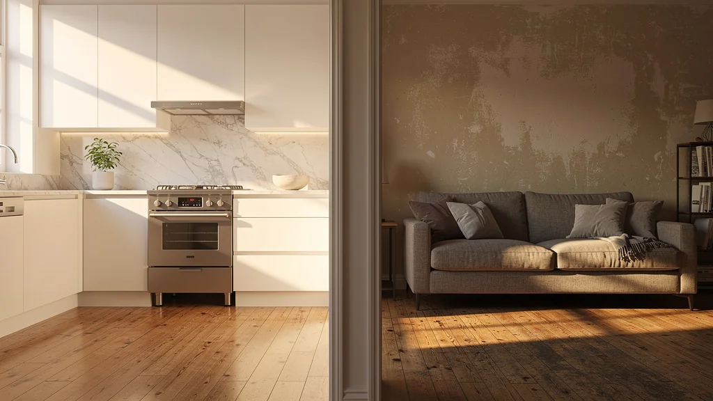 Intérieur d'appartement contrastant cuisine neuve et séjour à rafraîchir pour revente