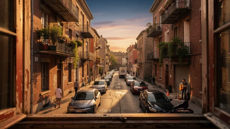 Vue urbaine détaillée d’une rue calme en fin de journée, illustrant le bruit de la rue avant revente