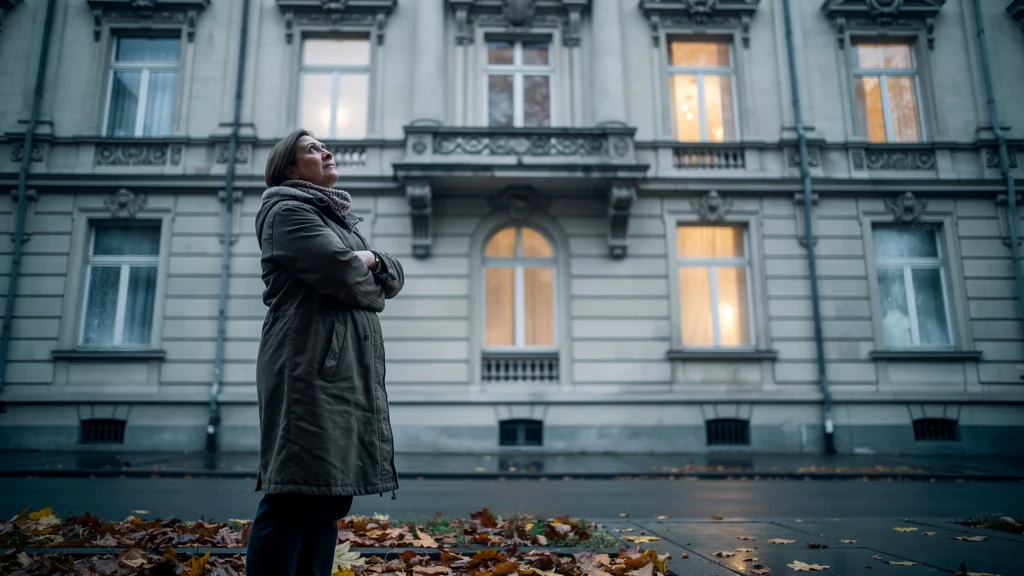 Femme regrette les charges de chauffage collectif dans une belle résidence en automne