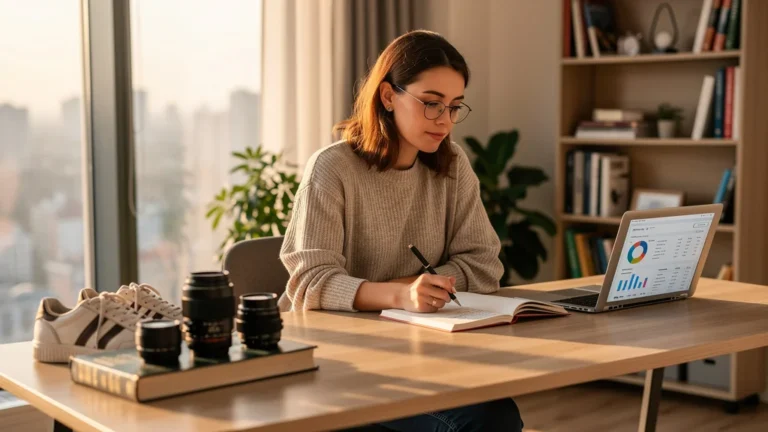 Femme organisée listant des articles à forte revente pour choisir différemment ses achats