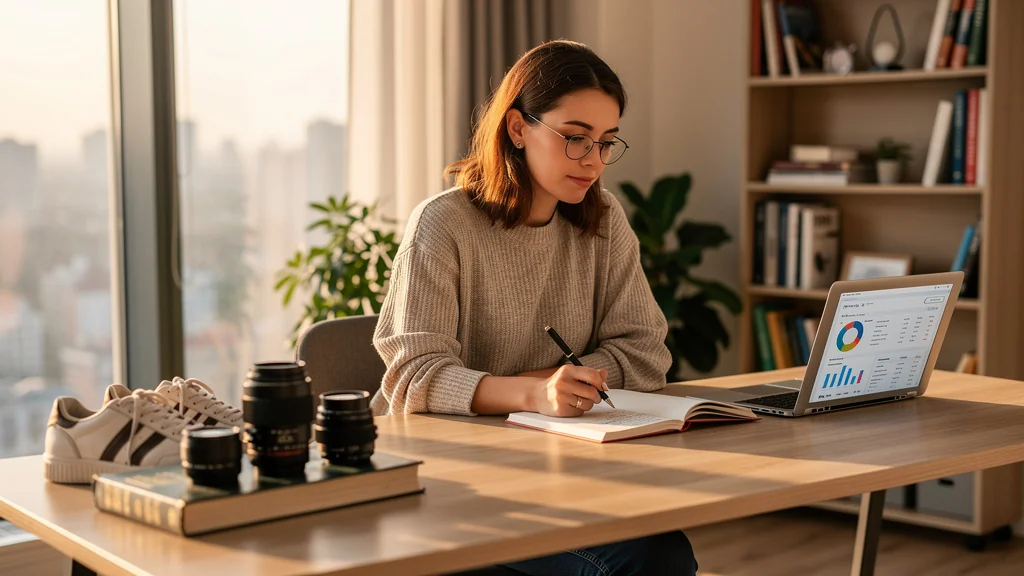 Femme organisée listant des articles à forte revente pour choisir différemment ses achats