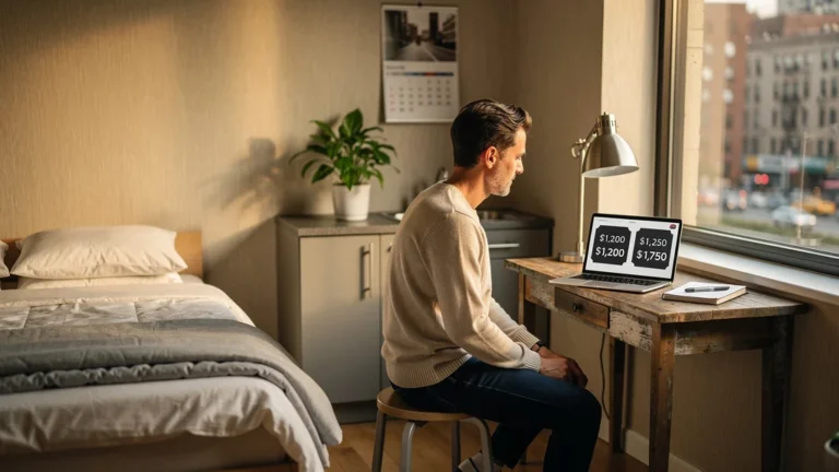 Studio moderne avec deux prix affichés sur ordinateur pour tester les visites en immobilier