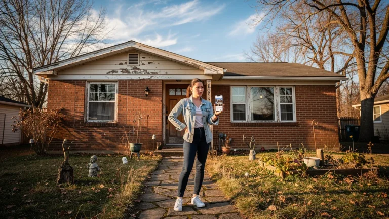 Femme déçue devant une maison mal orientée, illustrant l'erreur de se fier aux photos d'annonce immobilière