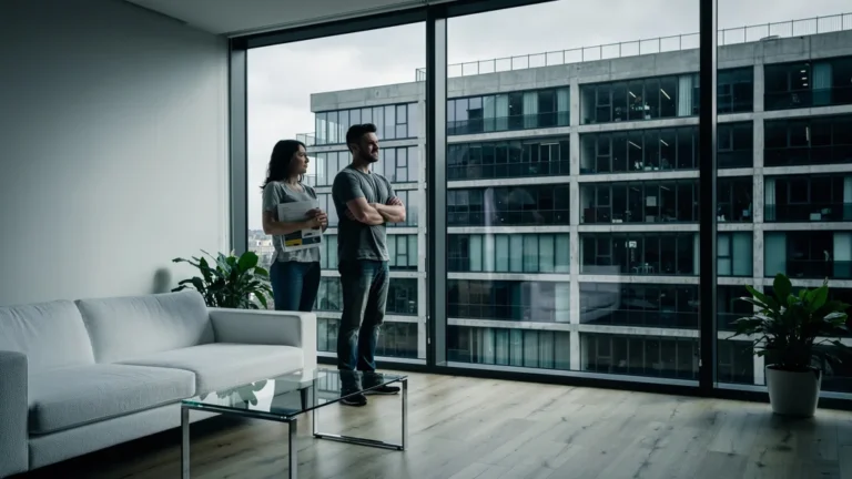 Vis-à-vis menaçant ruinant la revente d'un appartement moderne, visite immobilière anxieuse