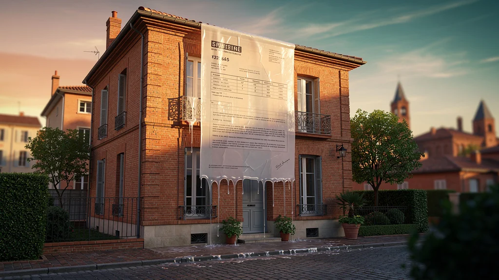 Maison toulousaine sous coucher de soleil avec offre immobilière fondue symbolisant défaut d'exposition