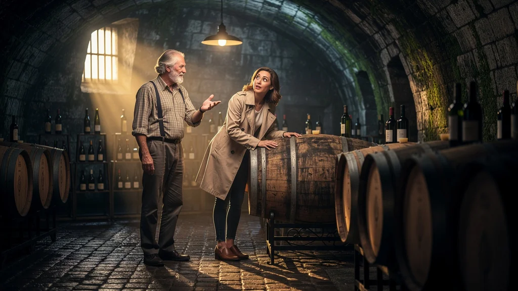 Femme hésitante dans une cave à vin ancienne, illuminée par une lumière dorée, découvrant un tonneau clé