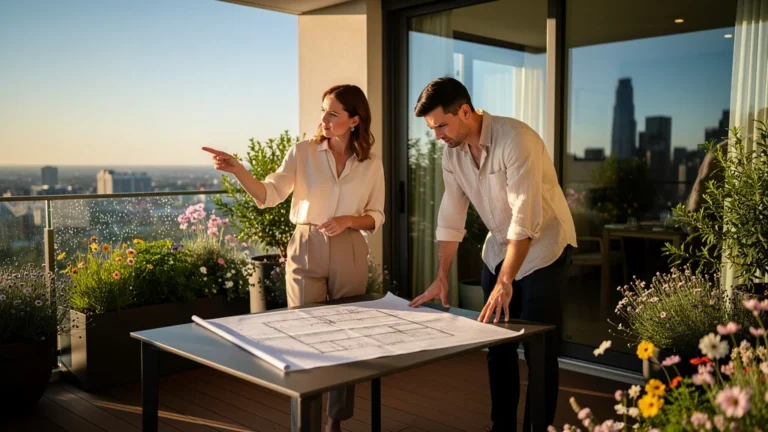 Appartement plein sud avec balcon ensoleillé et couple réfléchissant à l’exposition est pour la valeur immobilière