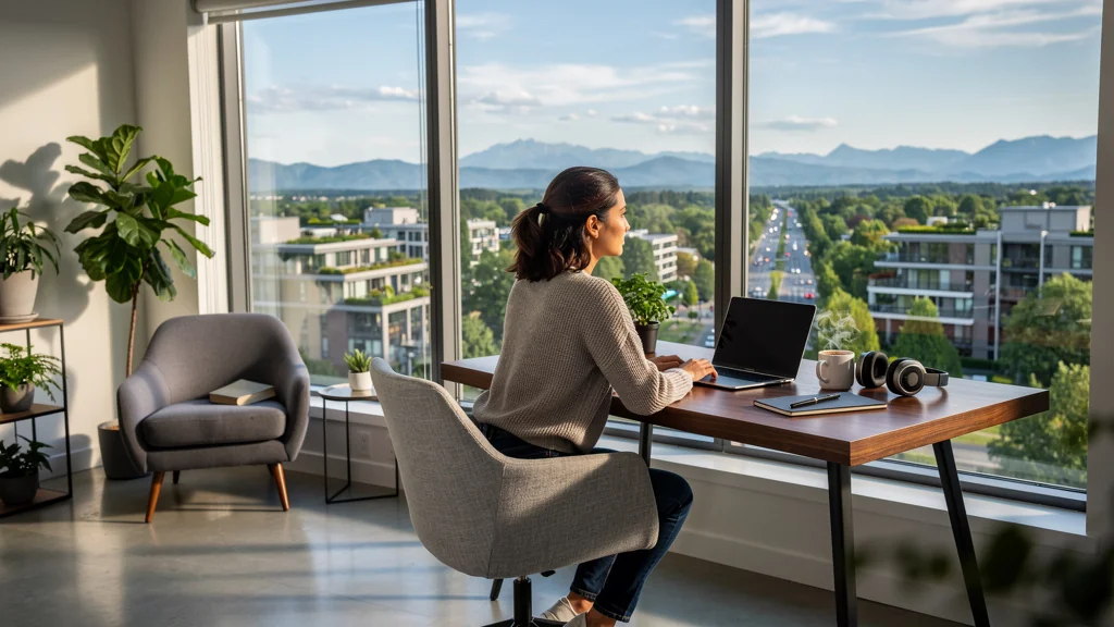 Vue hyper-réaliste d’un bureau à domicile avec vue dégagée offrant un espace inspirant en télétravail