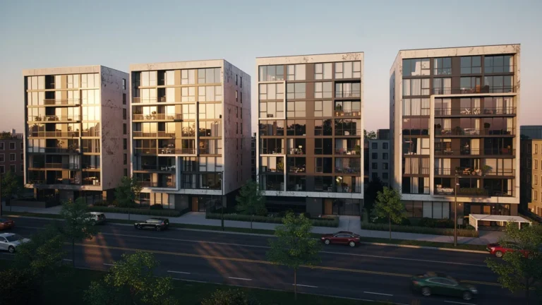 Vue hyperréaliste d’appartements sans balcon observés pour étudier leur délai de vente ou location