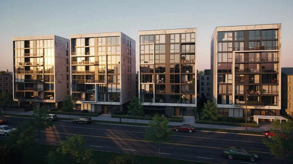 Vue hyperréaliste d’appartements sans balcon observés pour étudier leur délai de vente ou location