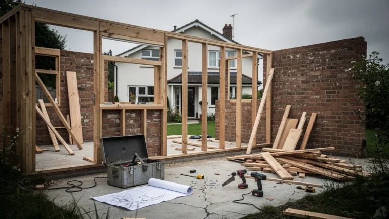 Photo réaliste d’une extension résidentielle inachevée avec surcoût de 4 000 € mal anticipé