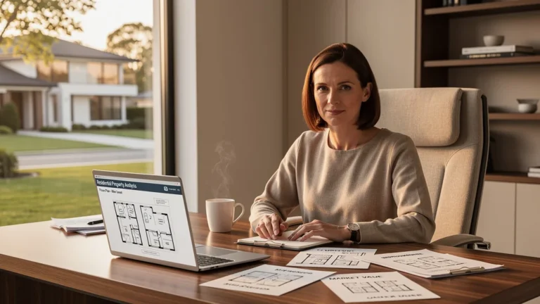 Portrait hyperréaliste d'une rédactrice immobilière attentive travaillant dans un bureau moderne et lumineux