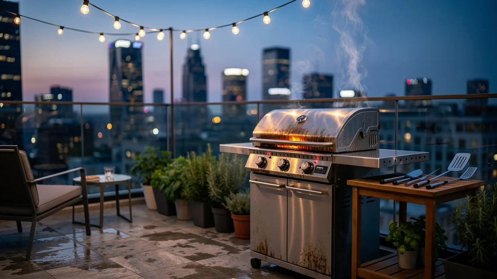 barbecue balcon moderne performant avec ambiance urbaine nocturne et éclairage chaleureux