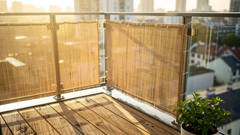 Balcon moderne avec canisse en roseau beige, illustration réaliste des erreurs d’installation de canisse balcon