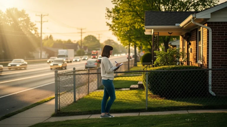 Maison proche d'une route passante avec femme réfléchissant avant achat immobilier
