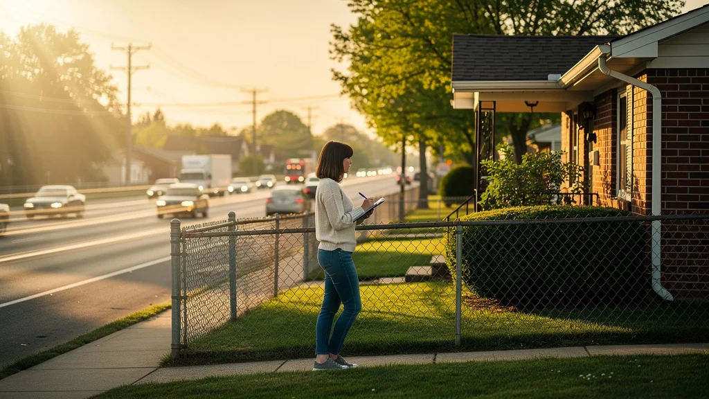 Maison proche d'une route passante avec femme réfléchissant avant achat immobilier
