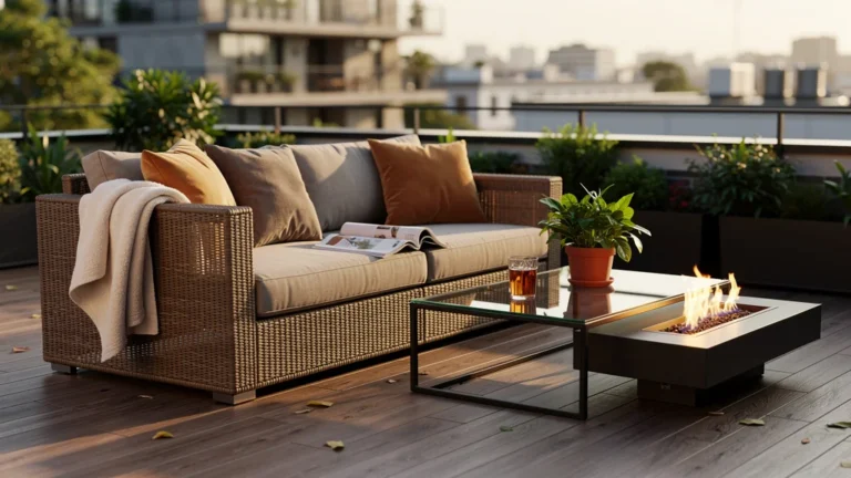 Terrasse décorée avec mobilier moderne et plantes après 30 jours d’usage réel, ambiance chaleureuse et accueillante