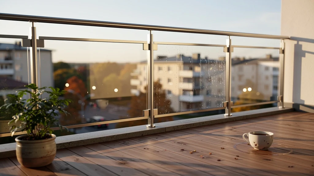 Garde corps balcon moderne en acier et verre après 6 mois d’usage, vue urbaine en lumière naturelle