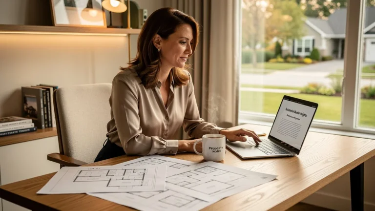 Femme rédactrice immobilière découvrant ginad dans un bureau moderne lumineux et chaleureux