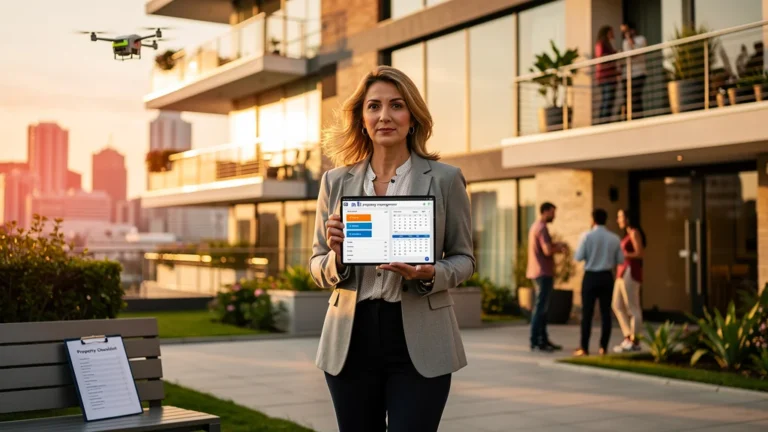 Portrait d’une rédactrice immobilière devant un immeuble moderne géré par in li property management