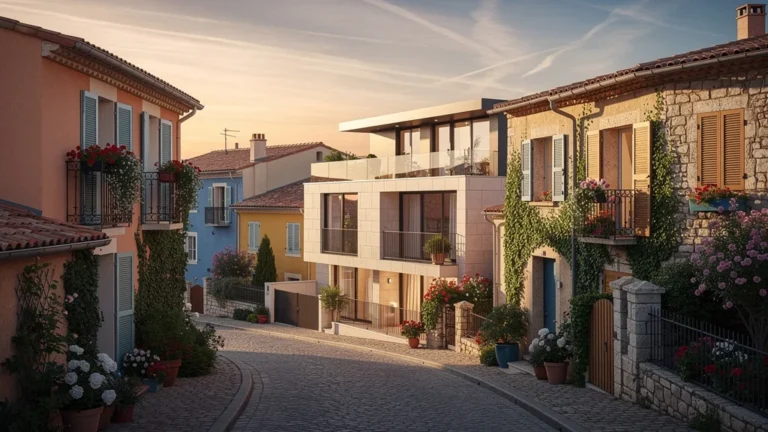 Quartier résidentiel In'li Sud Ouest au coucher du soleil avec architecture moderne et traditionnelle mêlées