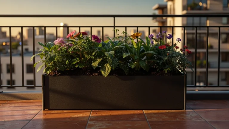 Jardinière balcon urbaine autonome en pleine floraison avec rendement mesuré après 4 semaines